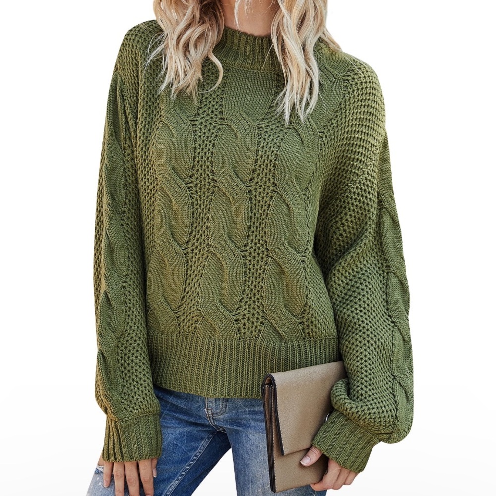 Women’s olive green cable knit boutique fall fashion slouchy sweater medium